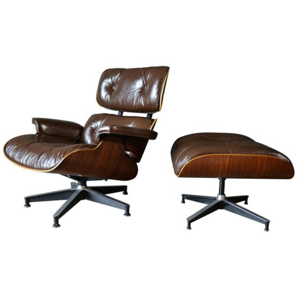 Brown Leather and Rosewood Eames Lounge Chair and Ottoman