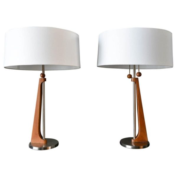 Pair of Walnut and Nickel Modernist Table Lamps by Rembrandt Lamp Co, 1965