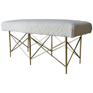 Ivory Bouclé and Brass X-Base Ottoman or Bench, circa 1970