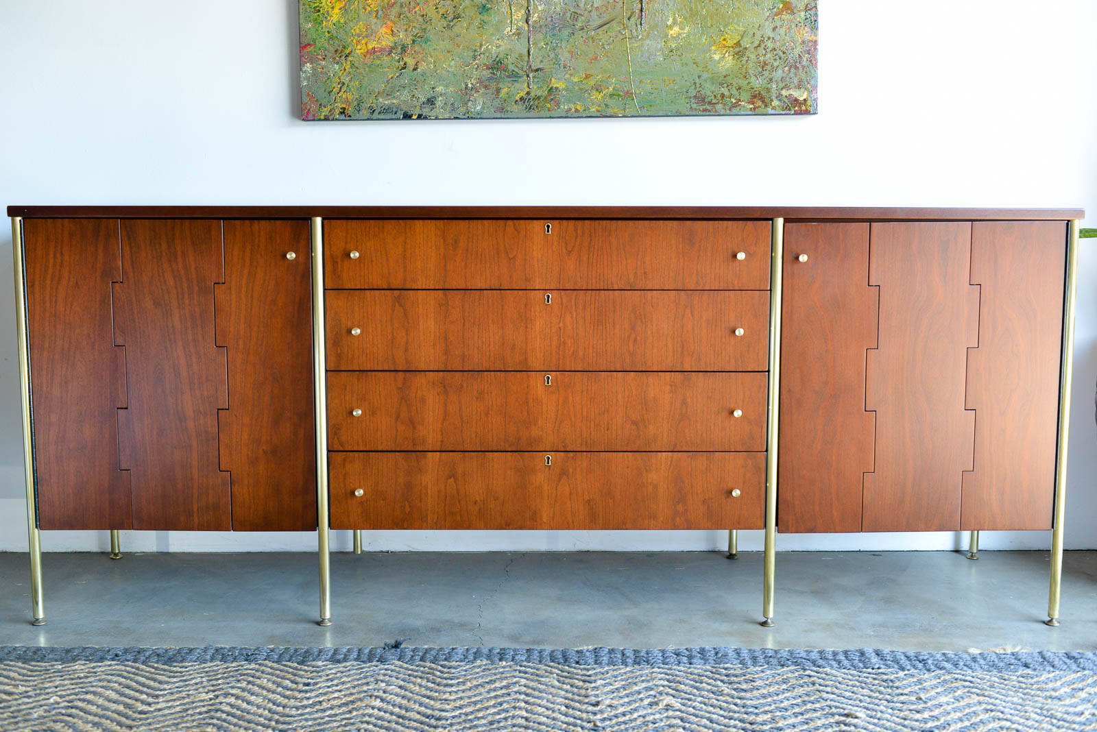 Milo Baughman for Directional Walnut, Cherry and Brass Credenza, ca. 1965
