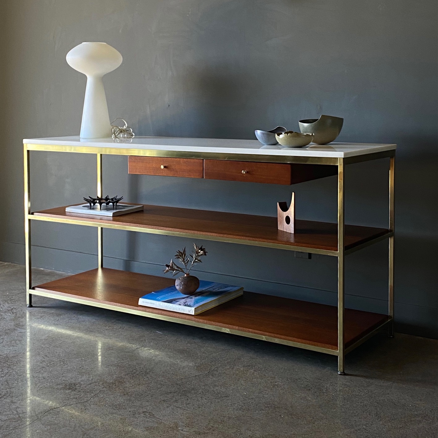 Paul McCobb Brass, Mahogany and Vitrolite Glass Console Table, circa 1955