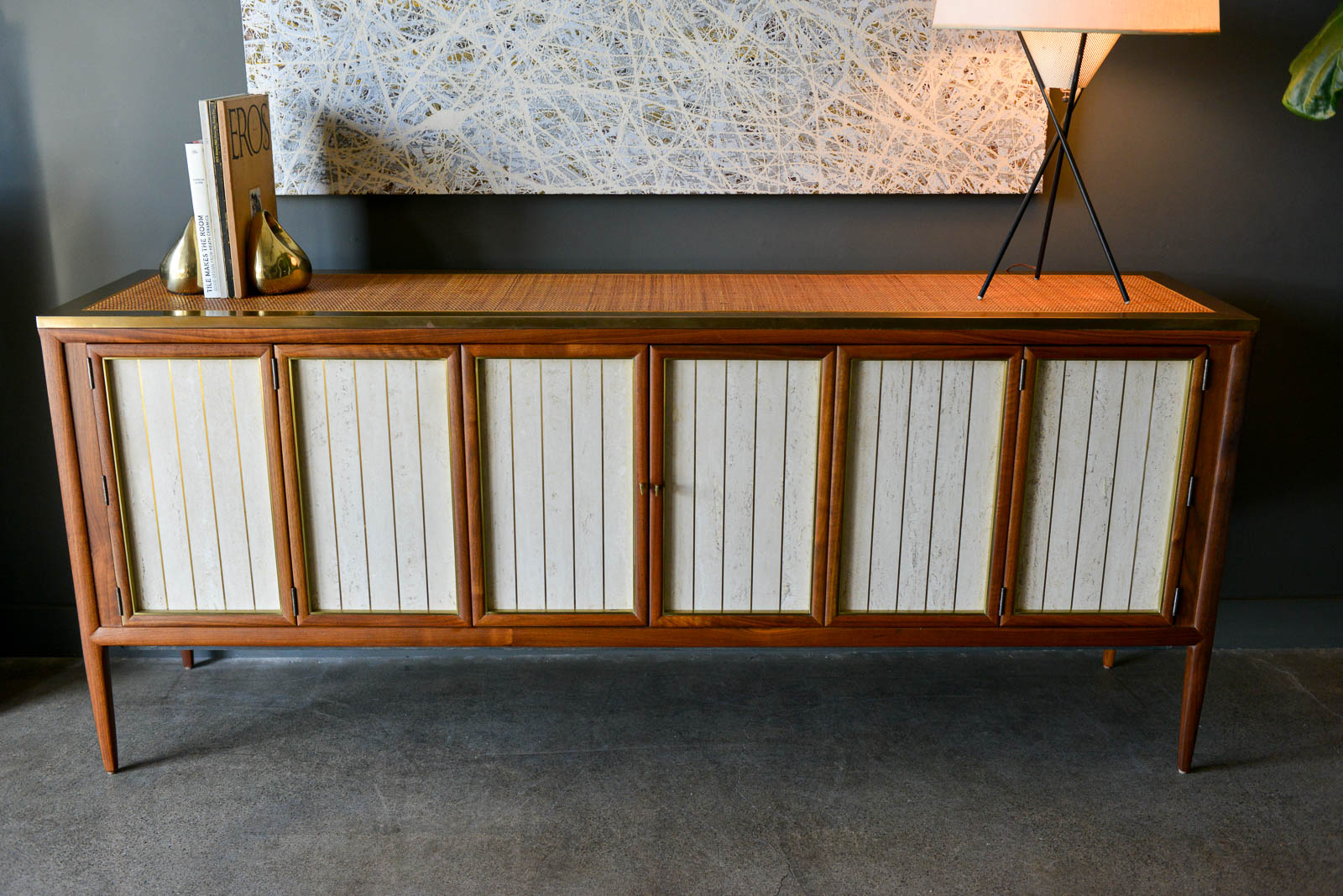 Bert England Walnut, Cane, Brass and Travertine Credenza, ca. 1955