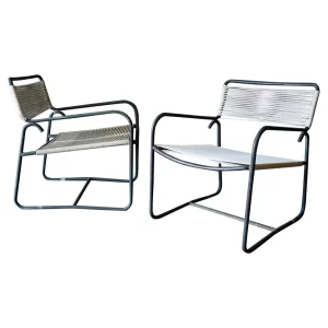 Walter Lamb Bronze and Cotton Cord Lounge Chairs, Model C-5700, ca. 1960